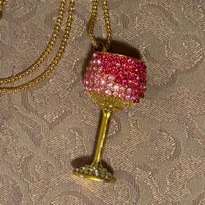 Betsey Johnson Wine Glass Pendant and Necklace. Two Tone Pink Rhinestones, Large
